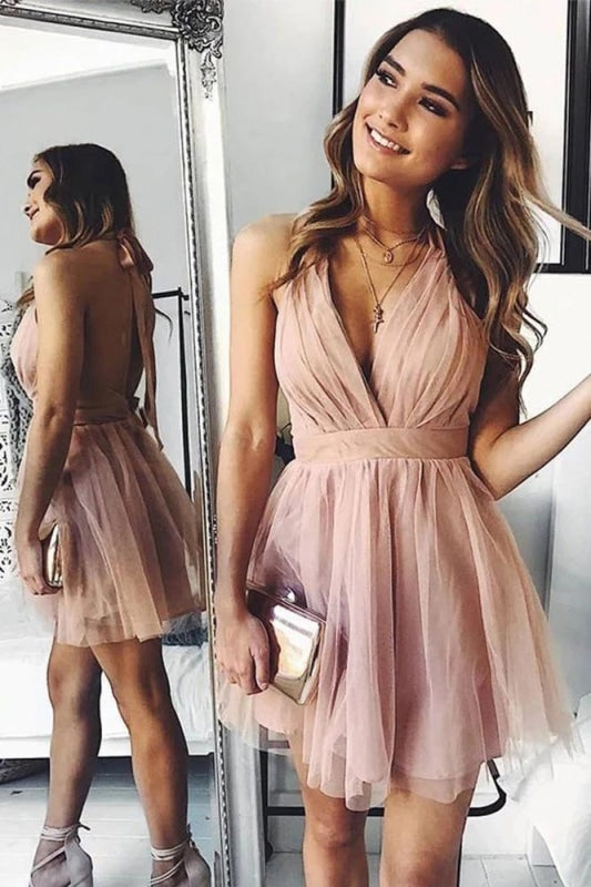 Cute Halter Above Knee Pink Tulle Short Prom Pleated Homecoming Dresses - Prom Dresses