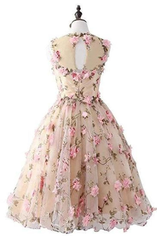 Cute Knee Length Sleeveless Lace Homecoming with Flowers Short Prom Dress - Prom Dresses