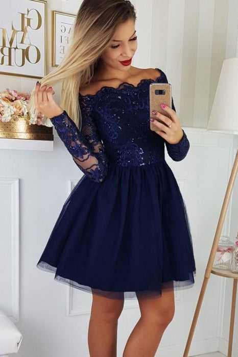 Cute Off the Shoulder Tulle Homecoming Dress with Lace Appliques Short Prom Dresses - Prom Dresses