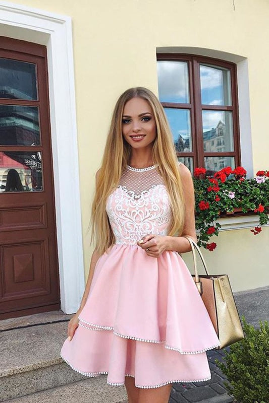 Cute Pink A Line Round Neck Lace Appliqued Satin Short Homecoming Dresses - Prom Dresses