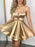 Cute V Neck Golden Satin Short Prom Dresses, Short Golden Formal Graduation Evening Dresses