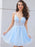 Cute V Neck Light Blue Lace Floral Short Prom Homecoming Dresses, Light Blue Lace Formal Graduation Evening Dresses 