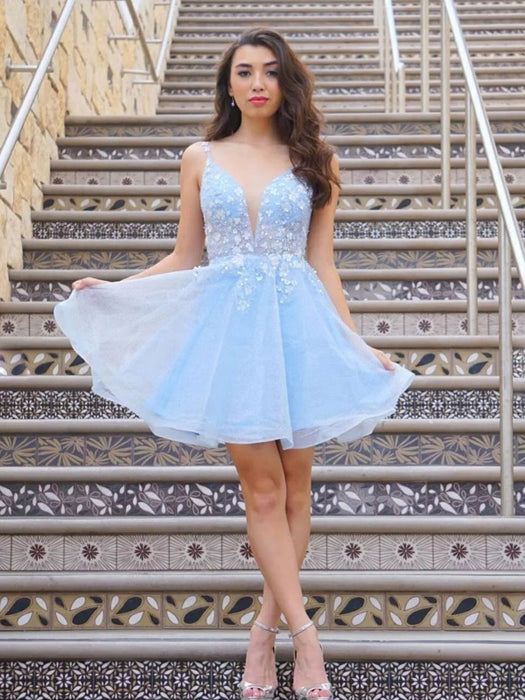Short Light Blue Lace Prom Dresses, Light Blue Short Lace Formal