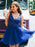 Cute V Neck Open Back Lace Beading Royal Blue Short Prom Dresses Homecoming Dresses, Royal Blue Lace Formal Dresses, Evening Dresses 2019