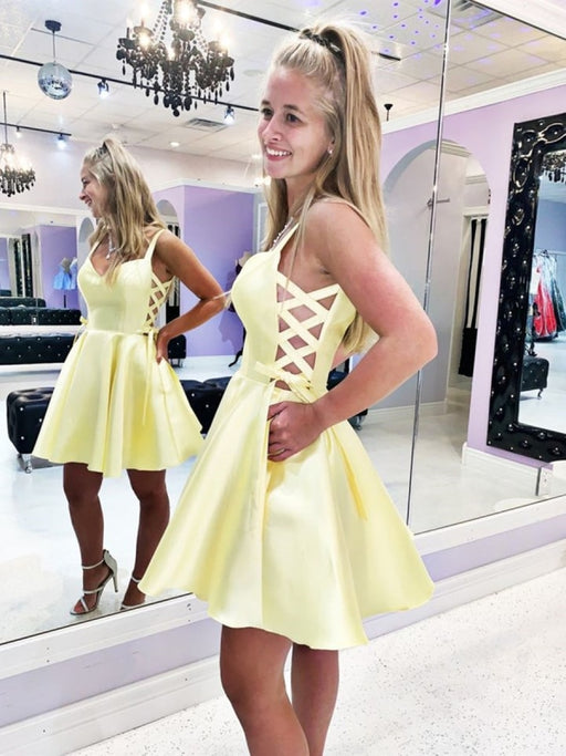 Cute V Neck Yellow Satin Short Prom Dresses, Short Yellow Formal Graduation Homecoming Dresses