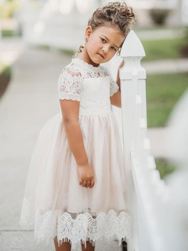 Flower Girl Dresses Jewel Neck Short Sleeves Kids Party Dresses