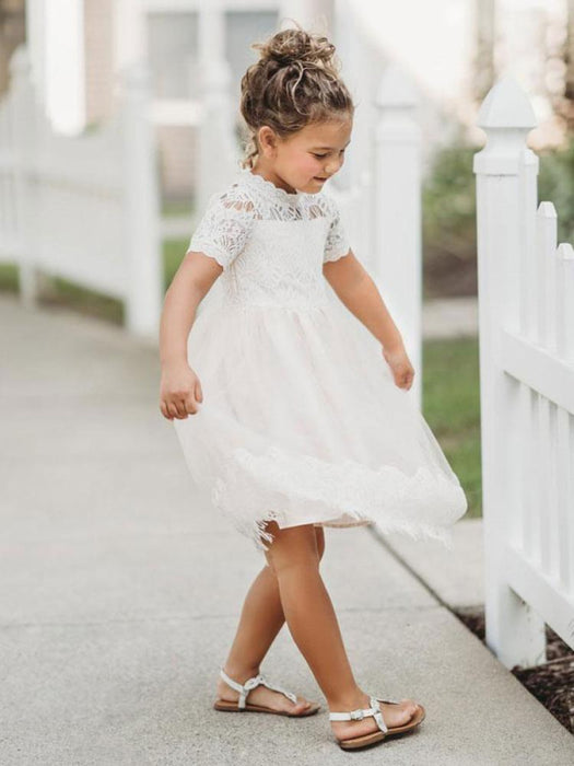 Flower Girl Dresses Jewel Neck Short Sleeves Kids Party Dresses