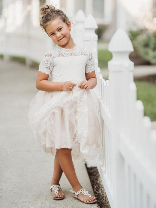 Flower Girl Dresses Jewel Neck Short Sleeves Kids Party Dresses