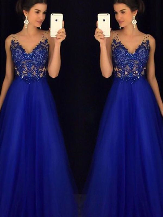 D A-Line V-Neck Cute Long Prom Dresses Cheap - Bridelily