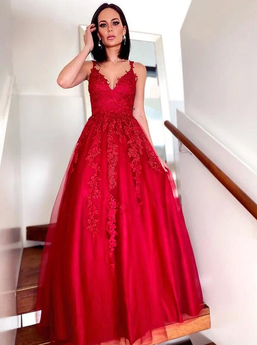 Sleeveless Lace Appliques Red Prom Dress