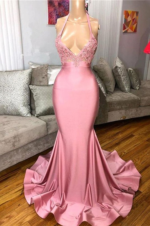 Rose Quartz Halter Mermaid Gown Embellished with Delicate Lace Appliques