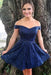 Dark Blue Off the Shoulder Homecoming Dresses Sexy Lace Short Prom Dress - Prom Dresses