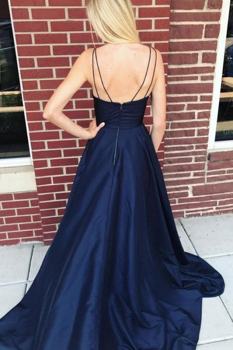 Dark Blue Spaghetti Strap Satin Evening Long Sleeveless Split Prom Dress - Prom Dresses