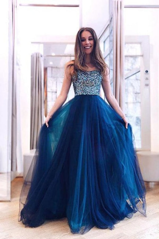 Navy blue a on sale line prom dress