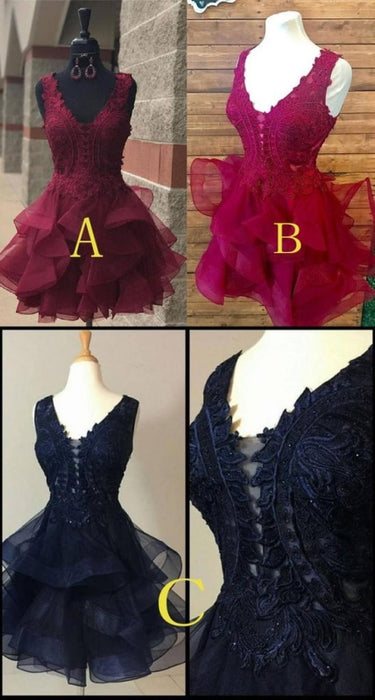 Dark Burgundy V Neck Outstanding Lace Appliqued Homecoming Dress - Prom Dresses