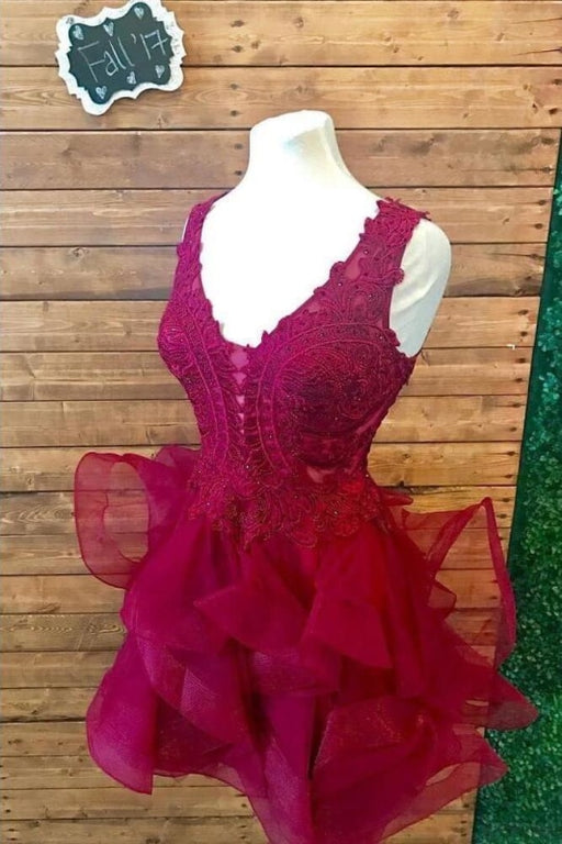 Dark Burgundy V Neck Outstanding Lace Appliqued Homecoming Dress - Prom Dresses