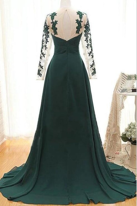 Dark Green Evening Appliques Long Prom Dress with Sleeves - Prom Dresses