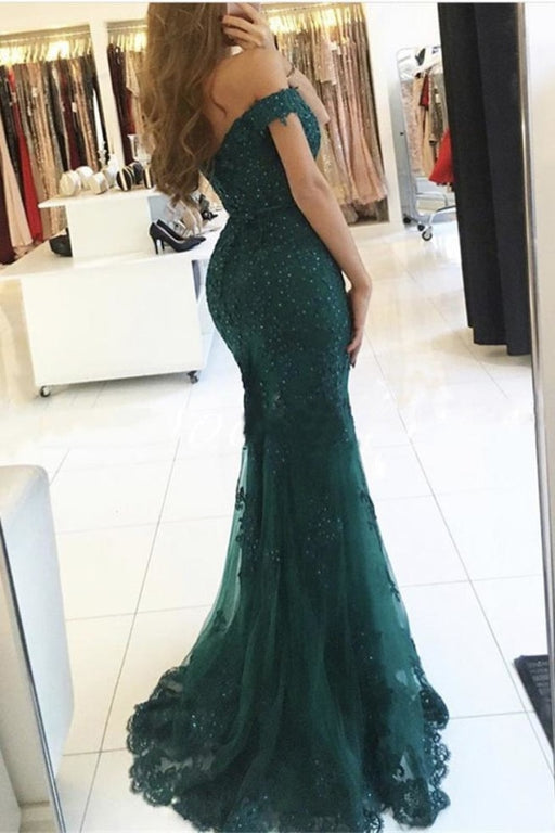 Dark Green Off-the-shoulder Mermaid Tulle Prom Dress with Beads Evening Gown - Prom Dresses