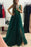 Dark Green Sparkly Prom with Side Slit A Line V Neck Tulle Long Party Dress - Prom Dresses