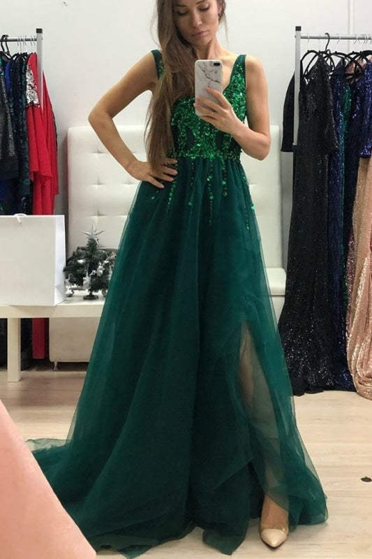 Dark Green Sparkly Prom with Side Slit A Line V Neck Tulle Long Party Dress - Prom Dresses