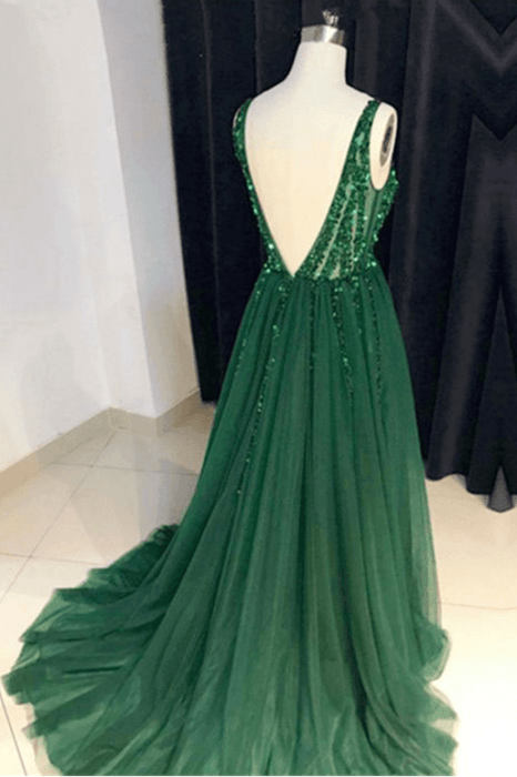 Dark Green Sparkly Prom with Side Slit A Line V Neck Tulle Long Party Dress - Prom Dresses