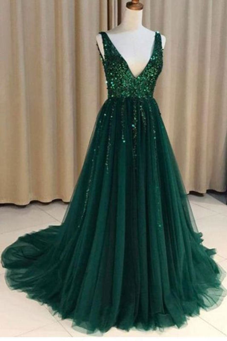 Dark Green Sparkly Prom with Side Slit A Line V Neck Tulle Long Party Dress - Prom Dresses