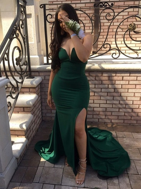 Dark Green Strapless Mermaid Long Prom Dresses with Sweep Train, Mermaid Dark Green Formal Dresses, Evening Dresses