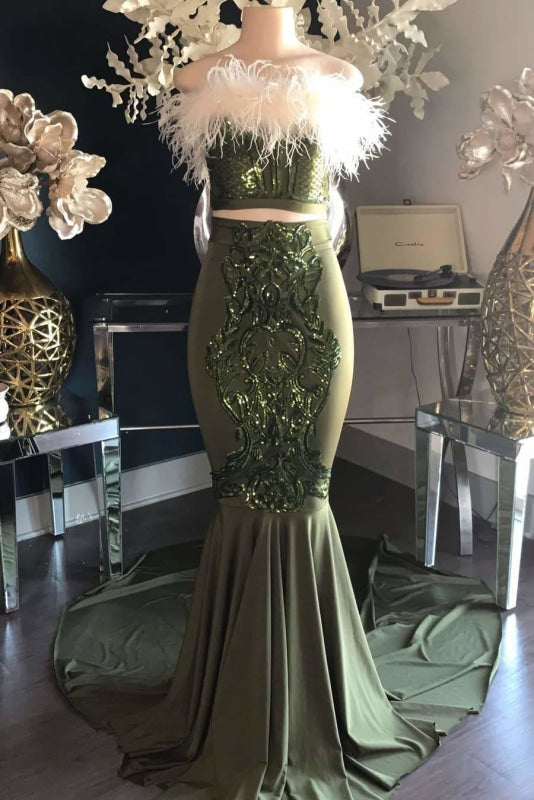 Dark Green Lace Ball Two Piece Long Prom Dresses Cheap - Bridelily
