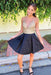 Dark Navy Blue V Neck Satin Homecoming with Lace Top A Line Halter Prom Dress - Prom Dresses