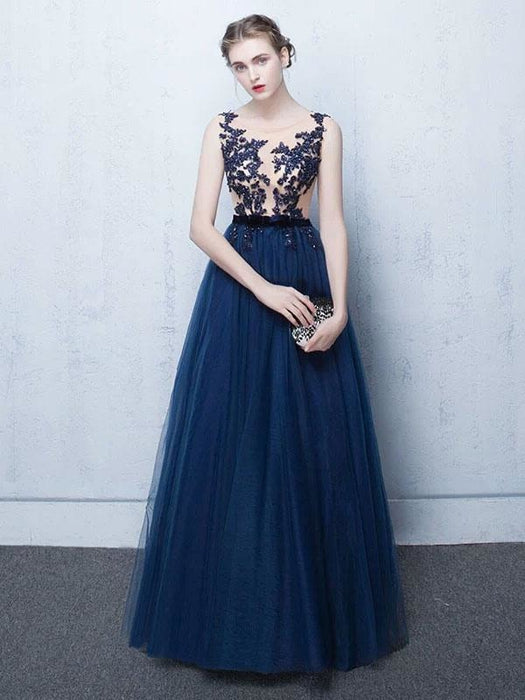 Dark Navy Prom Dresses Long Tulle Evening Dress Lace Illusion Floor Length Formal Dress