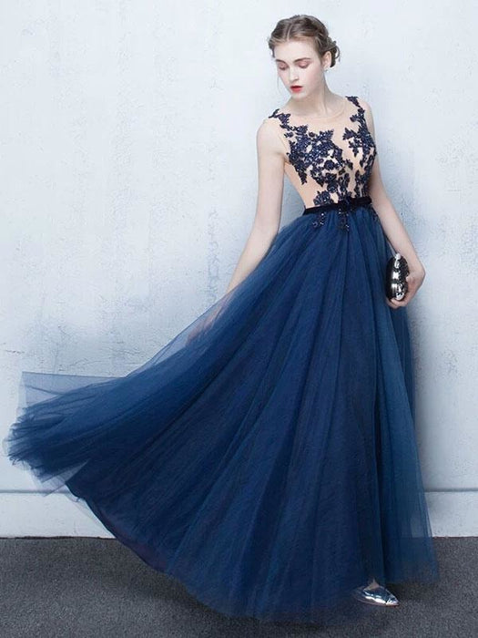 Dark Navy Prom Dresses Long Tulle Evening Dress Lace Illusion Floor Length Formal Dress