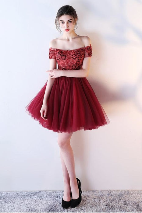 Dark Red Off the Shoulder Prom with belt Short Beading Homecoming Dress - Prom Dresses