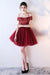 Dark Red Off the Shoulder Prom with belt Short Beading Homecoming Dress - Prom Dresses