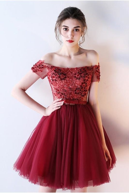 Dark Red Off the Shoulder Prom with belt Short Beading Homecoming Dress - Prom Dresses