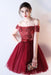 Dark Red Off the Shoulder Prom with belt Short Beading Homecoming Dress - Prom Dresses