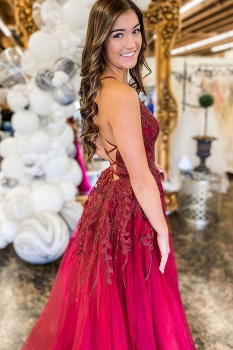 Deep V Neck Backless Burgundy Lace Long Prom Dresses, Long Burgundy Lace Formal Evening Dresses