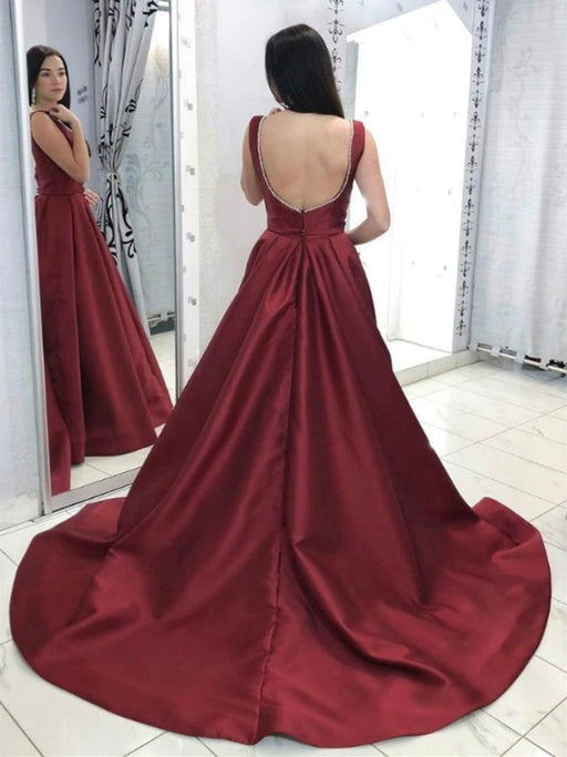 Deep V Neck Backless Burgundy Satin Long Prom Dresses, Backless Burgundy Formal Dresses, Burgundy Evening Dresses