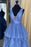 Deep V Neck Blue Layered Long Prom Dresses, Long Blue Formal Evening Dresses