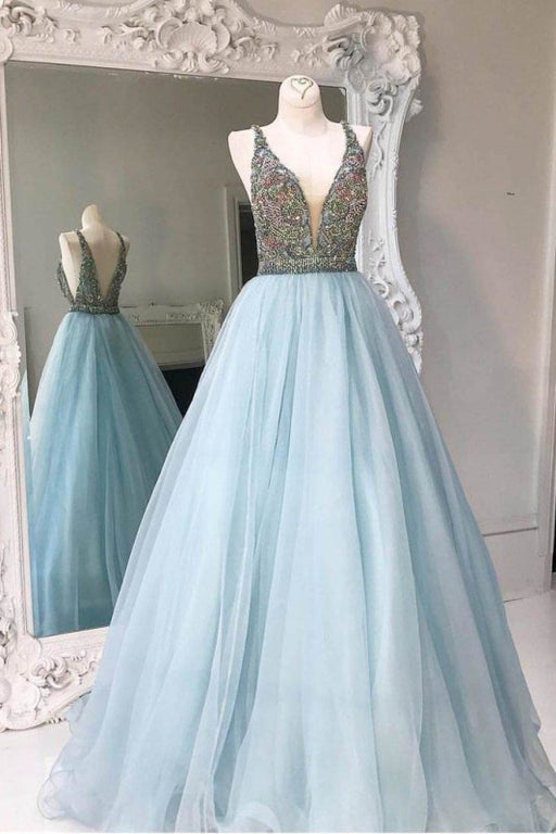 Deep V-neck Light Blue Backless Sleeveless Floor-length Tulle Prom with Beads Party Dress - Prom Dresses