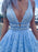 Deep V Neck Light Blue Lace Long Prom Dresses, Light Blue Lace Formal Graduation Evening Dresses 