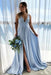 Deep V Neck Light Blue Long Prom Simple Flowy Bridesmaid Dresses - Prom Dresses