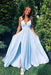 Deep V Neck Light Blue Long Prom Simple Flowy Bridesmaid Dresses - Prom Dresses