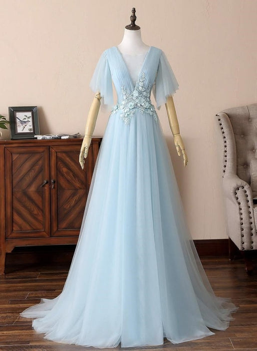 Deep V Neck Open Back Short Sleeves Floral Lace Light Blue Long Prom Dresses, Short Sleeves Light Blue Formal Evening Dresses