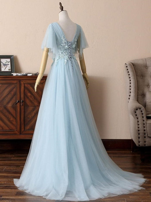 Deep V Neck Open Back Short Sleeves Floral Lace Light Blue Long Prom Dresses, Short Sleeves Light Blue Formal Evening Dresses