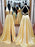 Deep V Neck Open Back Yellow Long Prom Dresses with Leg Slit, Yellow Formal Graduation Evening Dresses