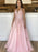 Deep V Neck Pink Lace Long Prom Dresses, Pink Lace Formal Dresses, Pink Evening Dresses