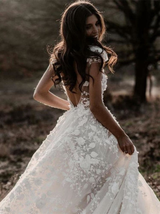 Deep V Neck A Line Lace Backless Wedding Dresses, Floral Wedding Dress –