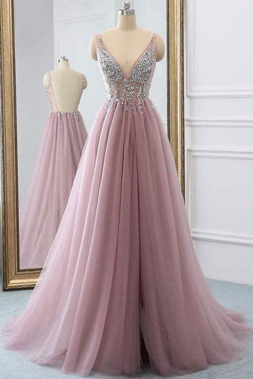 Dusty Pink A Line Tulle Prom Sparkly V Neck Long Graduation Dress with Rhinestone - Prom Dresses