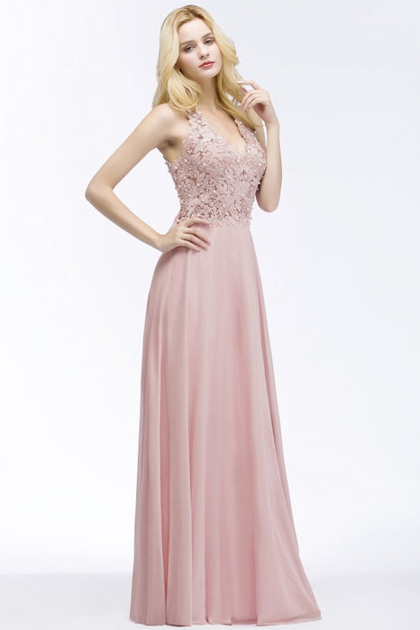 Dusty Rose Evening Dress Lace Chiffon Long Bridesmaid Dresses - Prom Dress