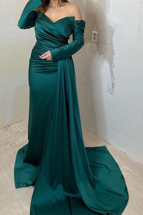 Off-Shoulder Sweetheart Long Sleeves Front Split Mermaid Evening Dress With Ruffle